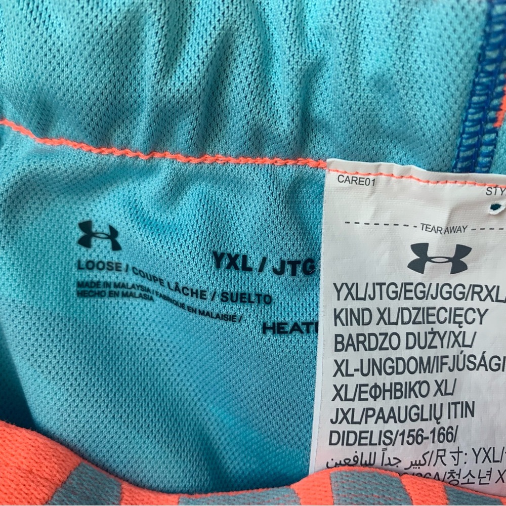 Under Armour (YXL) Girls Shorts; Colorful Teal, Navy Blue & Coral/Orange Print - Picture 2 of 6